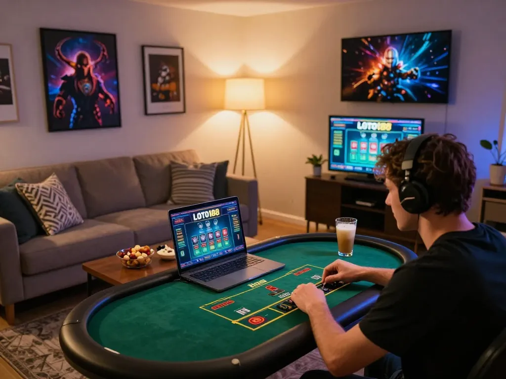 Experience the thrill of online gaming with LOTO188 in a cozy home setup.