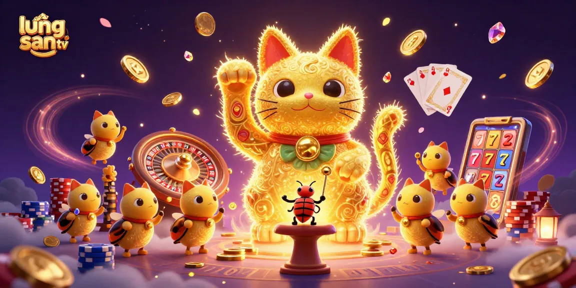 Experience the excitement of lương sơn tv with this immersive casino scene featuring a giant lucky cat and dynamic gambling elements.