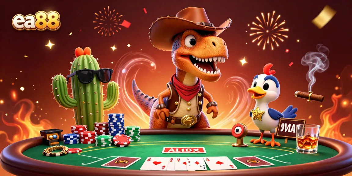 ea88 cowboy dinosaur at a poker table, showcasing exciting casino elements and vibrant action.