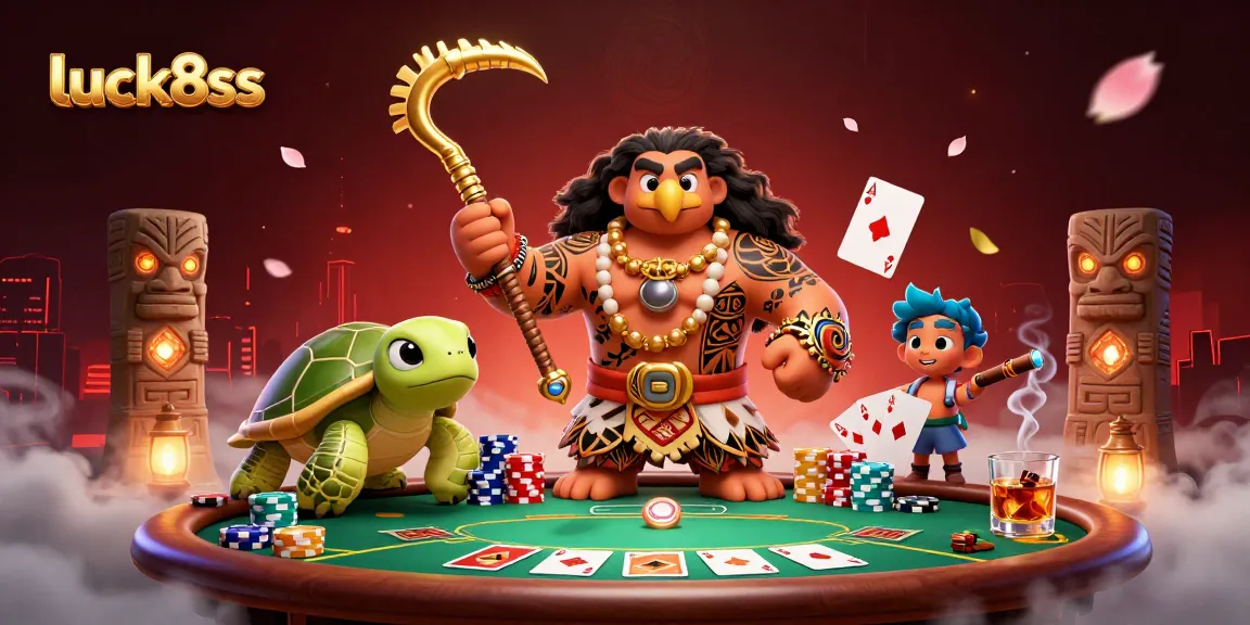 Engage in thrilling poker action at luck8ss with a vibrant Polynesian-themed scene.
