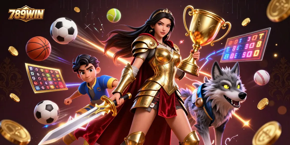 Engage with 789WIN in this vibrant, action-packed scene filled with an epic warrior queen and dynamic sports elements.