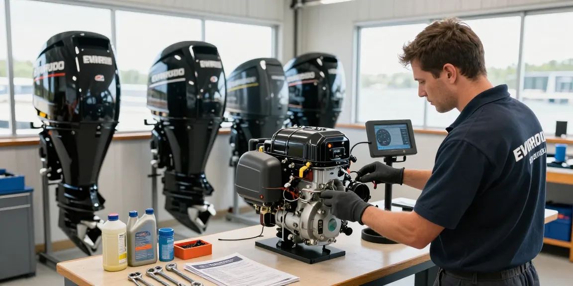 Evinrude outboard for sale being inspected by a technician in a bright workshop, showcasing advanced marine engine technology.