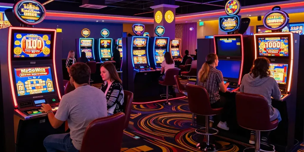 DiscoWin casino vibrant atmosphere with players enjoying diverse games and promotions