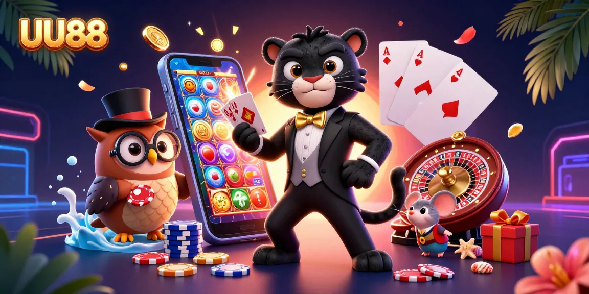 Engage in thrilling action with UU88 as a black panther elegantly deals cards at a vibrant casino scene.
