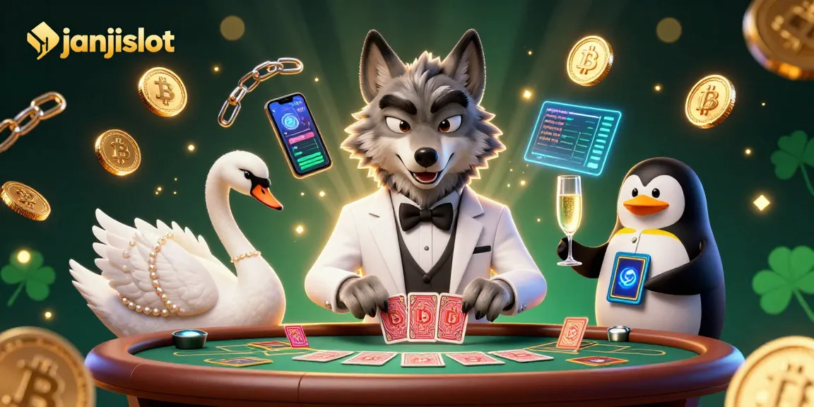 Play thrilling games at janjislot with vibrant characters at a digital casino scene.