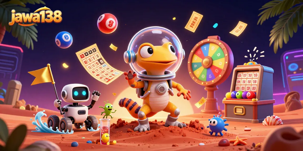 Ilustrasi kasino 3D jawa138 menunjukkan gecko Mars menemukan kasino emas, penuh dengan elemen perjudian.