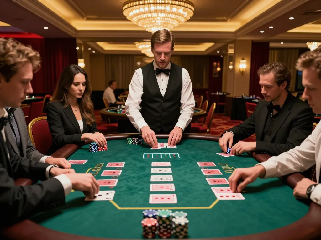 Zowin players engaged in an exciting blackjack game at a luxury casino table with vibrant lighting.