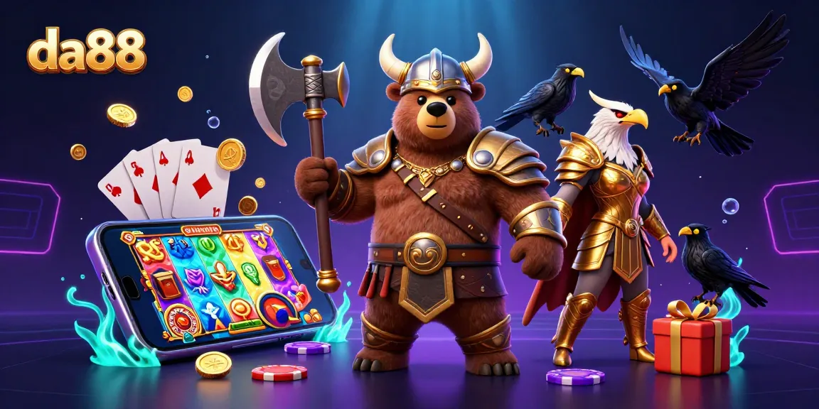 Experience da88's thrilling 3D illustration showcasing a Viking bear, Valkyrie eagle, and dynamic casino game elements.