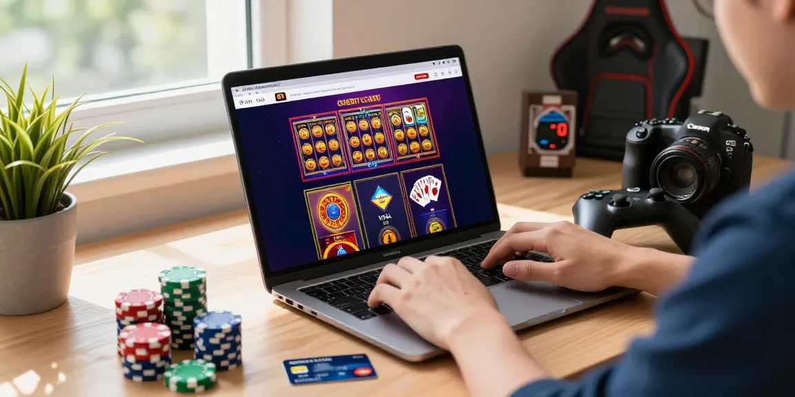 Engaging scene showcasing credit card casinos with a laptop, Visa and Mastercard, gaming icons, and colorful chips.
