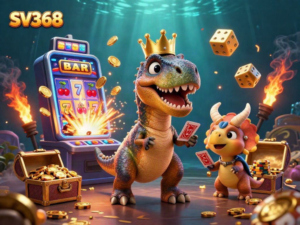 Engage in thrilling casino gameplay with SV368 as T-Rex shuffles cards and wins jackpots.