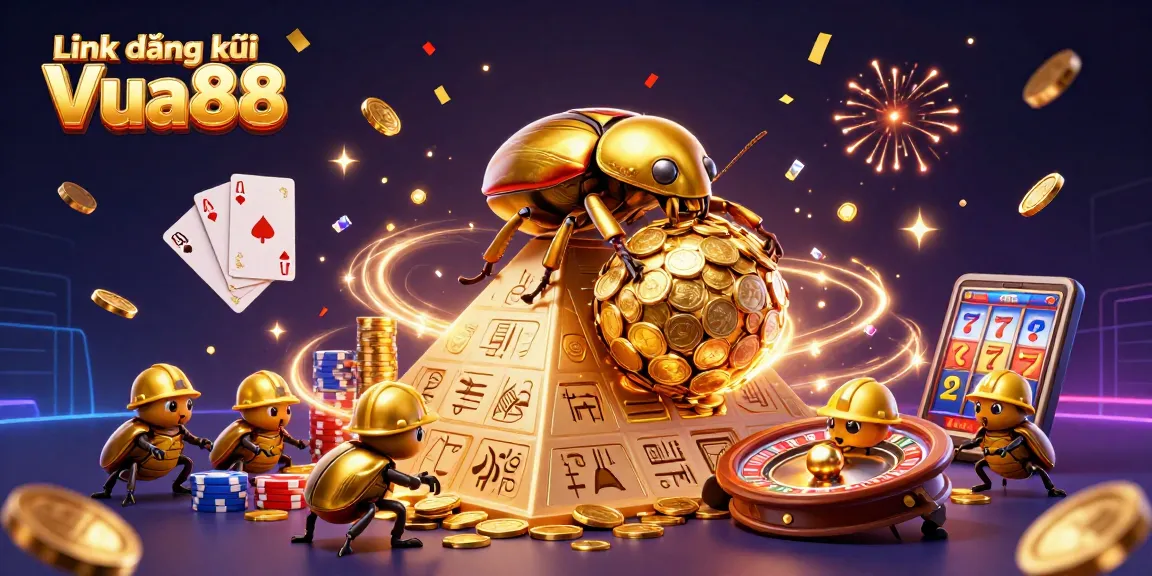 Engage with the action of Link đăng ký Vua88 featuring a vibrant casino scene full of gold coins, beetles, and festive energy.