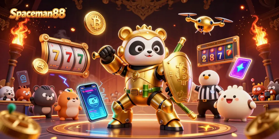 Spin to win with spaceman88 in this vivid 3D casino scene featuring golden pandas and slot games.