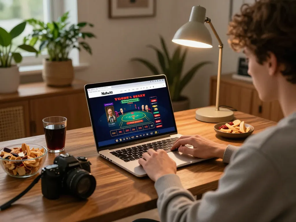 Nohu90 player engaged in online gambling at home, showcasing live dealer game setup