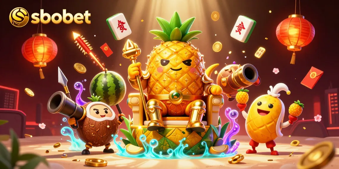 SBOBET brings vibrant excitement with a golden pineapple king surrounded by dynamic casino elements and festive decorations.