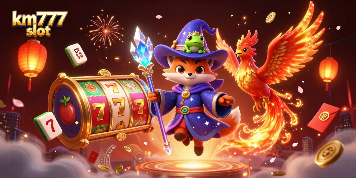 Experience excitement at km777 slot with vibrant 3D illustration of magical characters and slot elements.