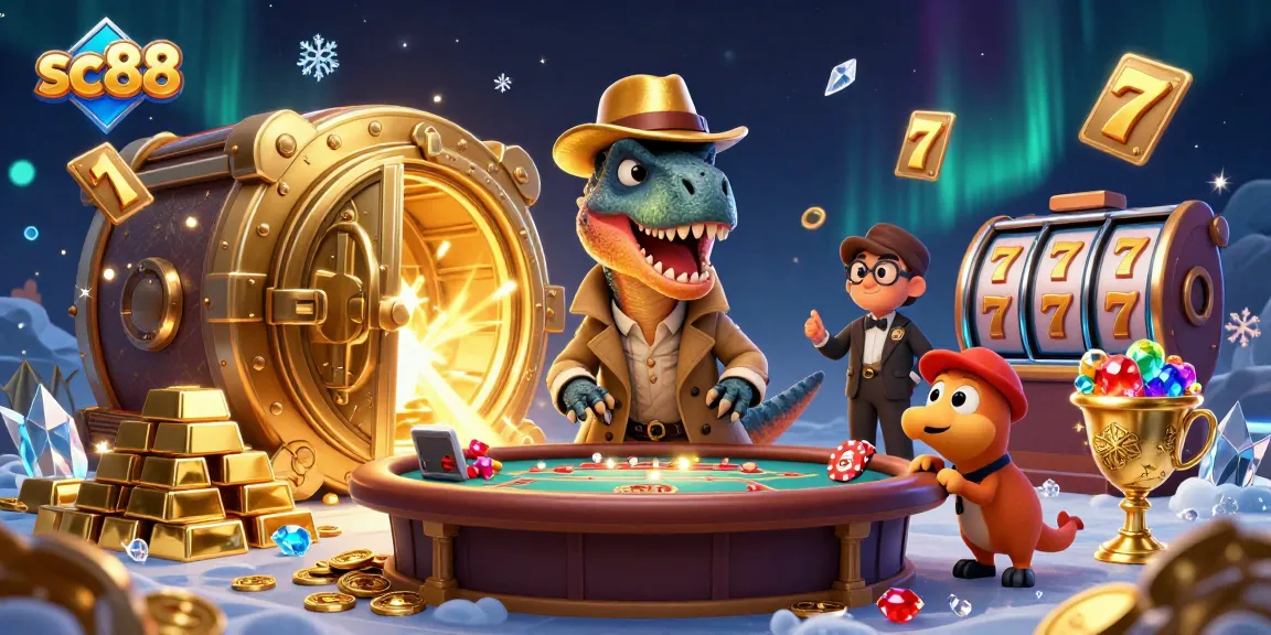 sc88 cartoon velociraptor card counter at blackjack table with dazzling treasures and slot elements