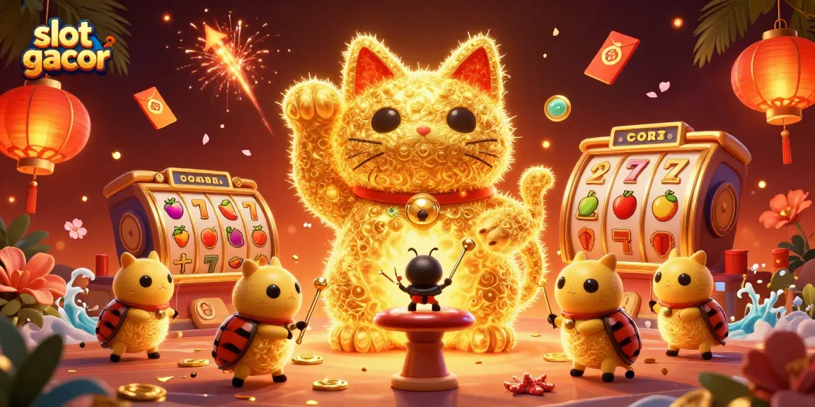Engage with slot gacor's thrilling action featuring a colorful lucky cat and vibrant casino symbols.