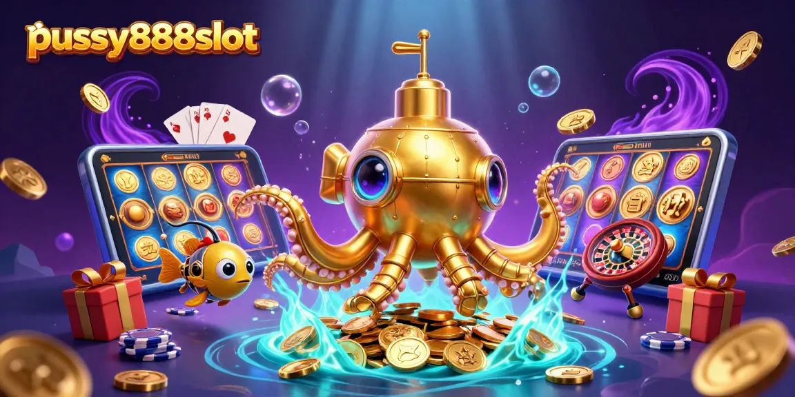 Pussy888slot showcases a dynamic underwater casino scene with a golden kraken and mechanical fish, featuring slot games.