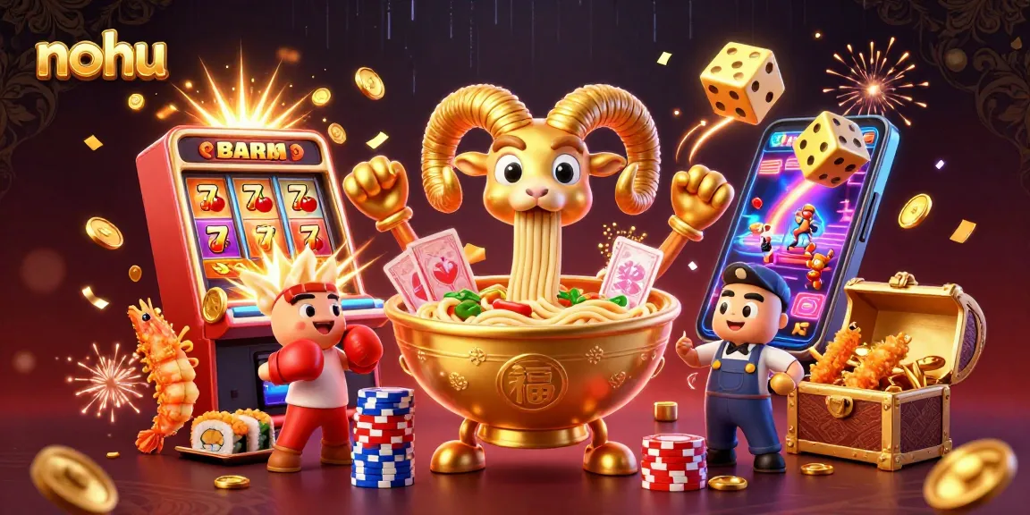 Nohu leads a vibrant casino scene with a golden ramen bowl dealer amidst jackpot light bursts and cheerful sushi characters.
