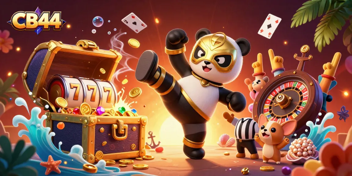 Experience excitement at CB44, featuring a panda wrestler amidst slot reels and animated spectators.