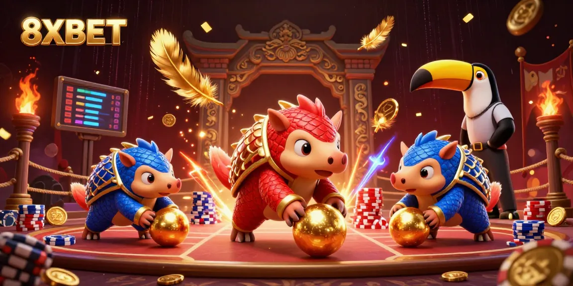 8XBET pangolins compete in a dynamic casino scene, bowling through poker chips.