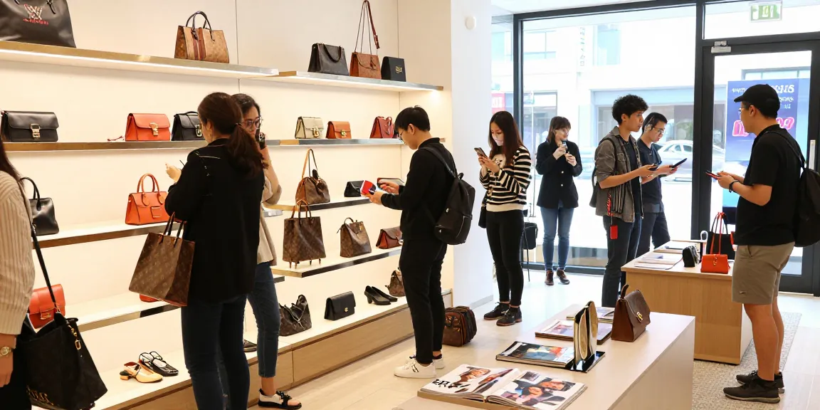 Shoppers exploring high-quality 레플리카 사이트 luxury handbags in a modern retail setting.