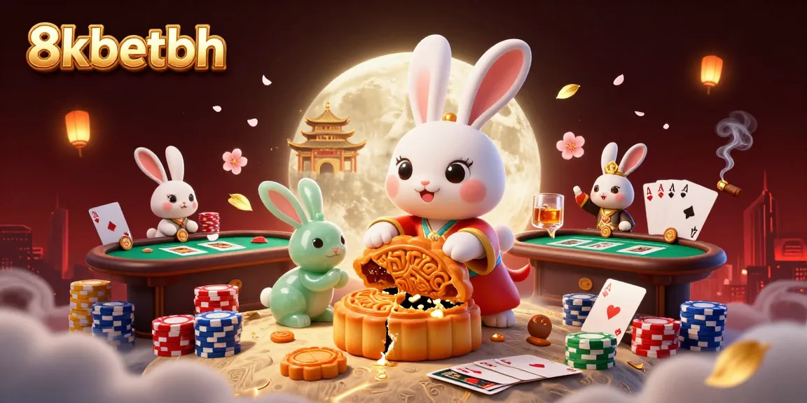 Experience the thrill of 8kbetbh as a moon rabbit reveals hidden poker chips in this engaging casino illustration.