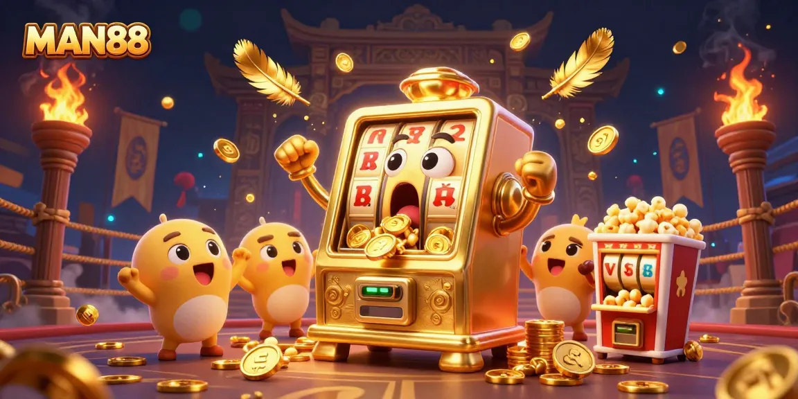 Experience MAN88's winning slot machine jackpot with coins pouring out in this vibrant illustration.