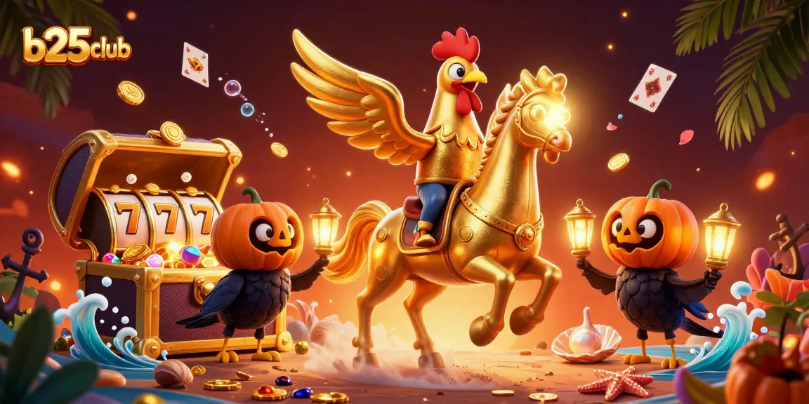 Bet on vibrant 3D gaming features at b25club, with a golden rooster and playing cards