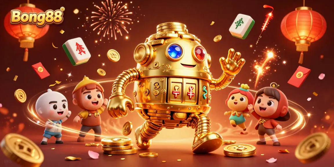 Bong88 offers an engaging gaming experience with a 3D cartoon golem surrounded by casino elements, attracting players for big wins.