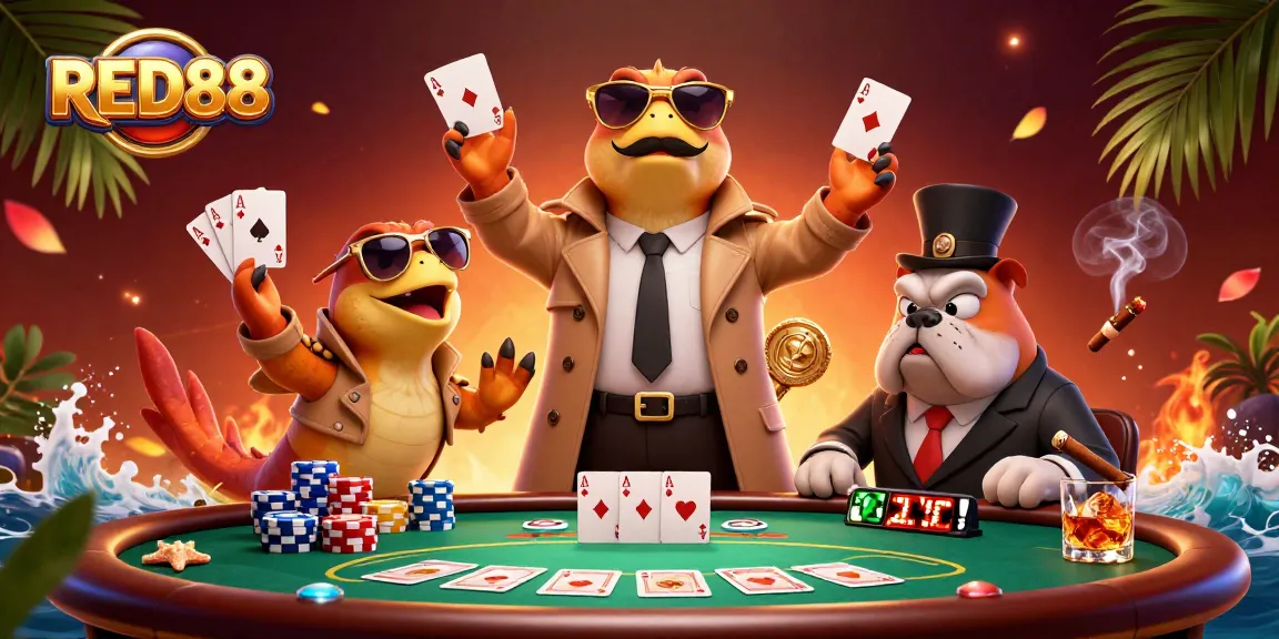 Engage in thrilling RED88 casino battles with colorful poker chips and playful raptors.