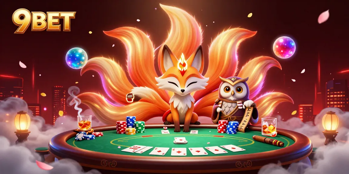 Experience dynamic poker action with 9BET, featuring vibrant spirits and card elements.