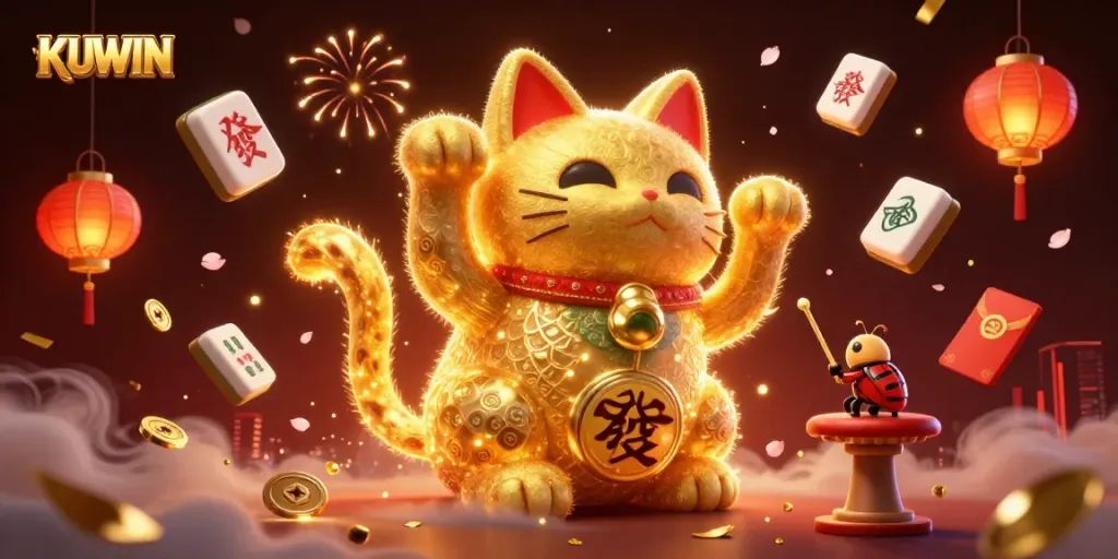 Experience the thrill of gambling at KUWIN with vibrant casino-themed elements and a lucky cat illustration.