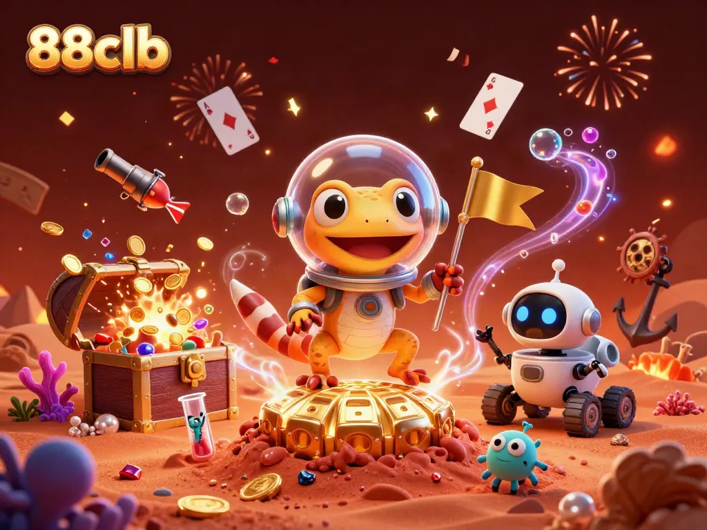 Experience the thrill at 88clb with a vibrant 3D Martian gecko in a golden casino