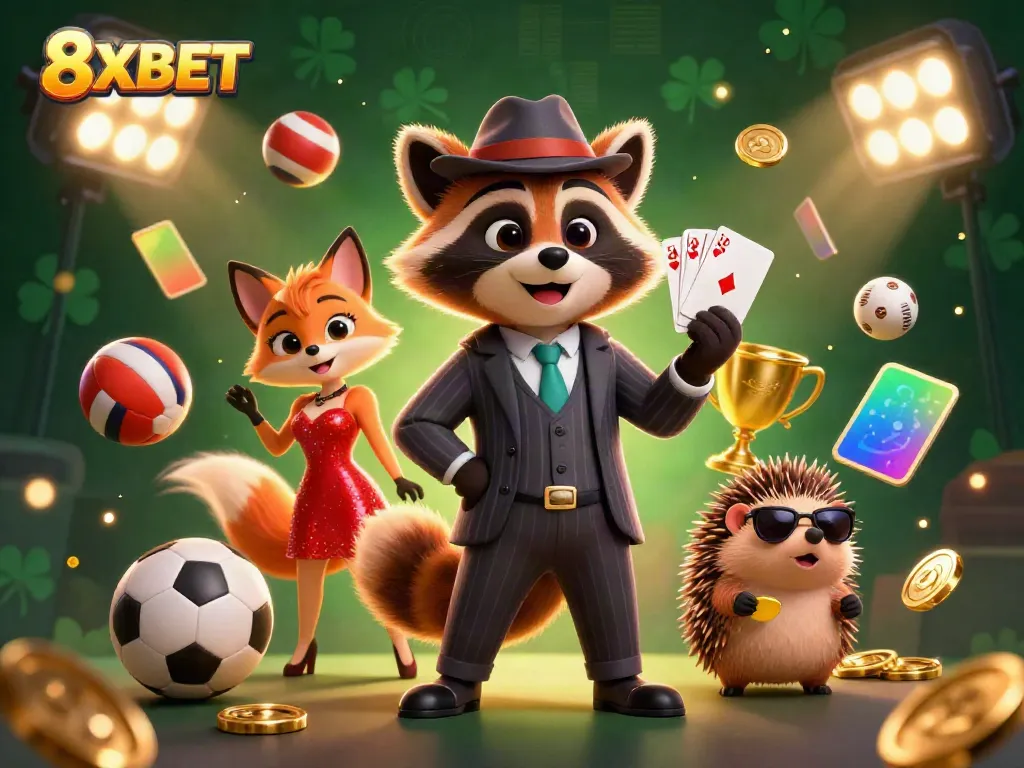 Play your best hand with 8XBET in a vibrant and dynamic casino scene featuring unique characters and sports elements.