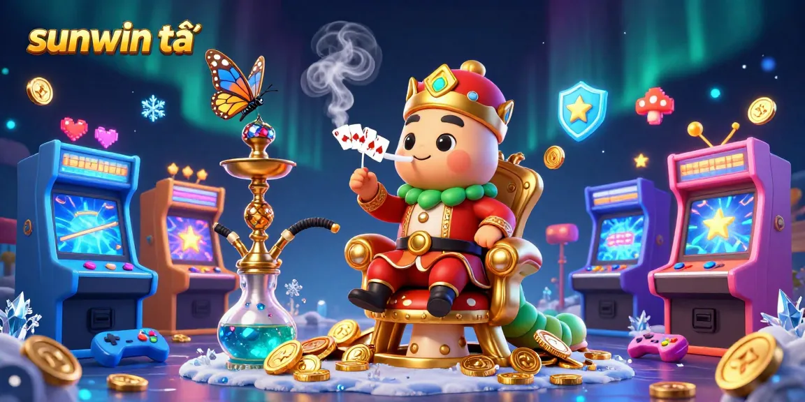 Engage with sunwin tải in a vibrant 3D illustration of a hookah-master and arcade games.