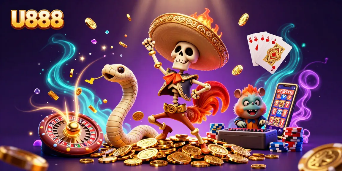Experience the thrill of U888 with vibrant gaming elements and lively characters in a festive casino scene.