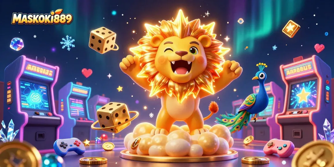 Engage with MASKOKI889's vibrant gaming universe featuring a sun lion and golden dice.
