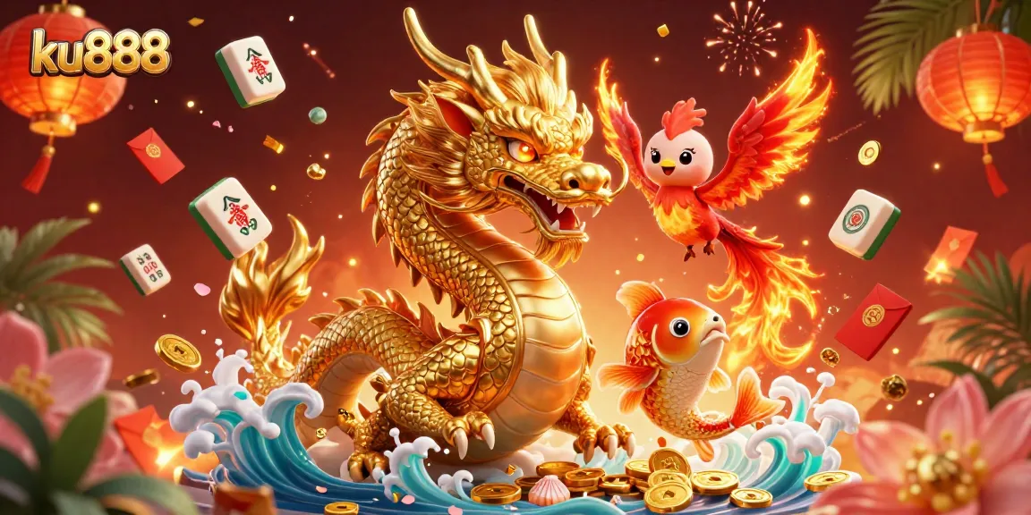 Join the excitement with ku888’s vibrant casino atmosphere featuring a golden dragon and koi.
