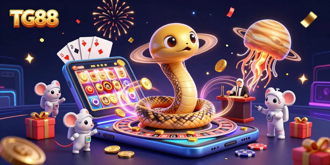 Place winning bets with TG88 in a vibrant cosmic casino scene featuring playful betting astronauts.
