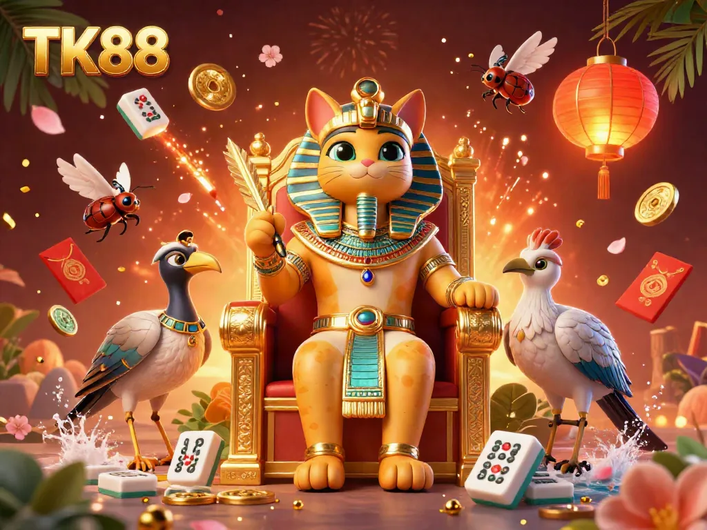 Experience the vibrant ambiance of TK88 gaming with Egyptian-themed characters and dynamic casino elements.