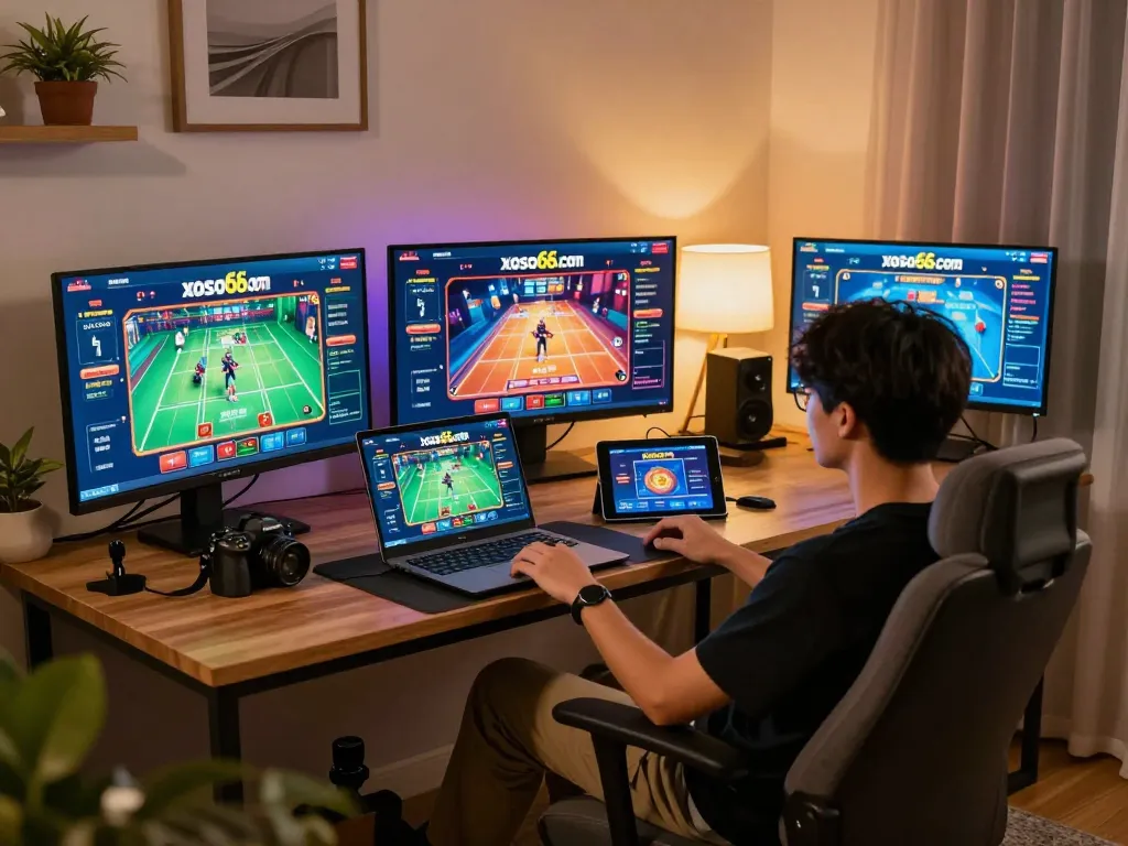 Xoso66com user engaged in exciting online gaming while strategically betting with multiple screens