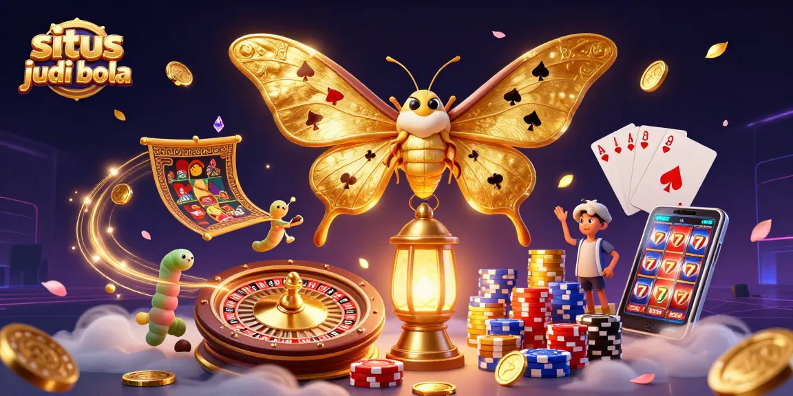 Engage in situs judi bola excitement with a dynamic illustration of a golden moth and casino elements.