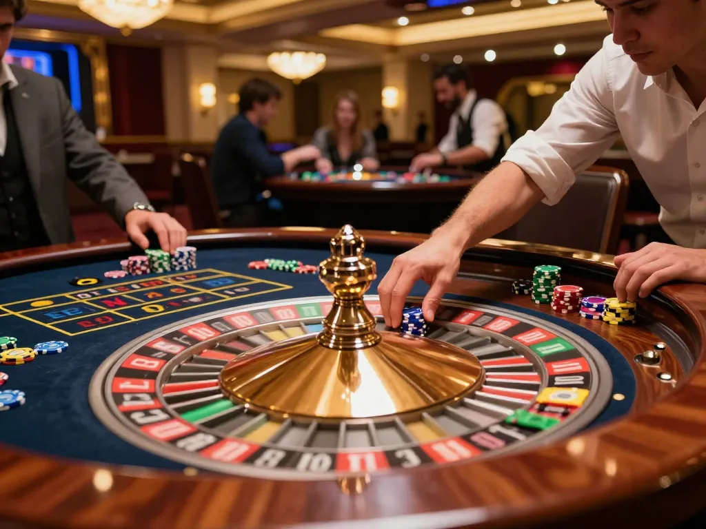 The excitement of betting at 98wincom's roulette table captured as a player places colorful chips.