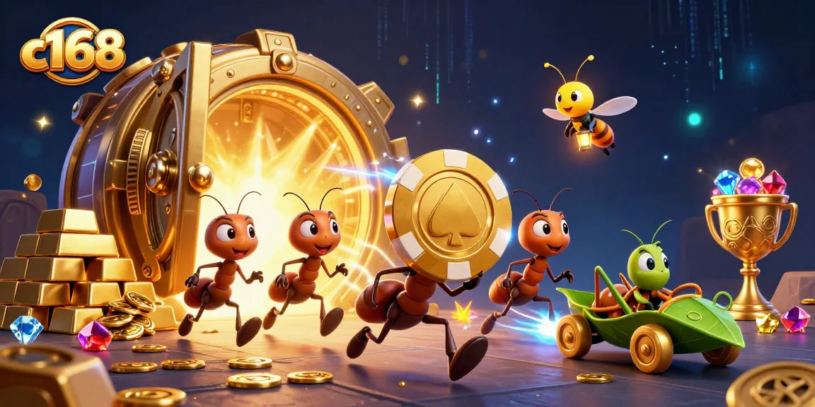 Engage with the excitement of c168 as ants transport a massive golden poker chip among treasures.