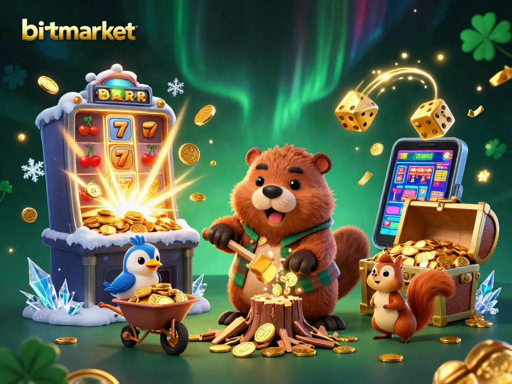 Bermain slot dengan fitur menarik di bitmarket yang dipenuhi koin emas dan simbol keberuntungan.