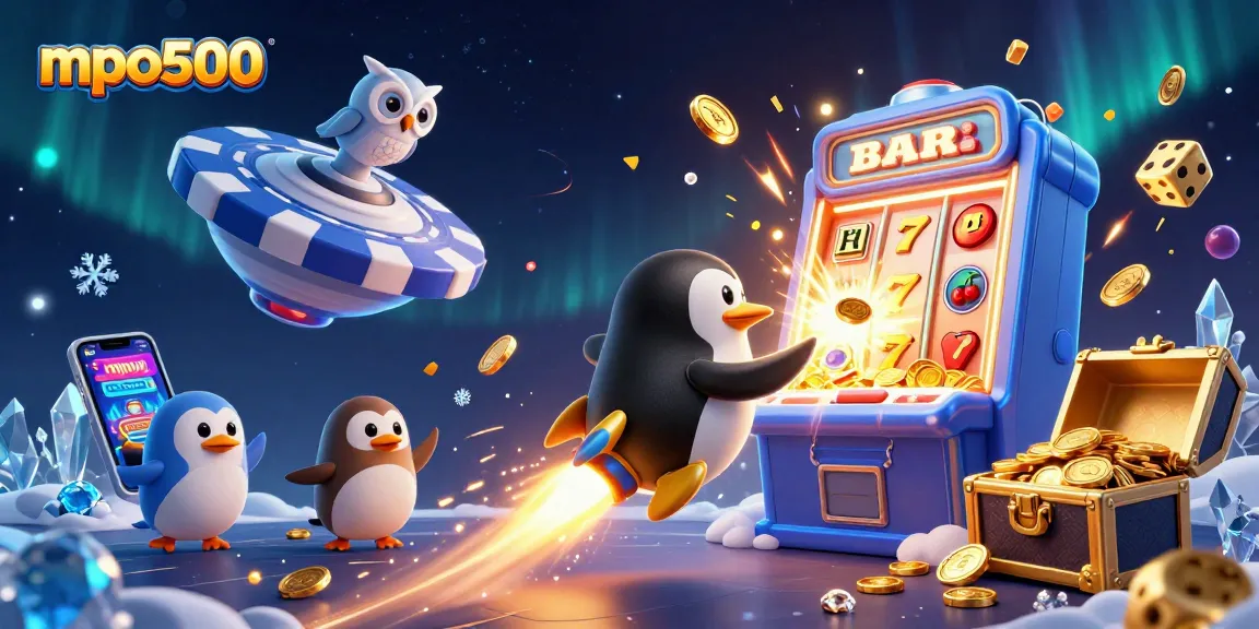 Engage in thrilling moments with mpo500 as a golden penguin zooms to a casino space station amidst epic gambling elements.