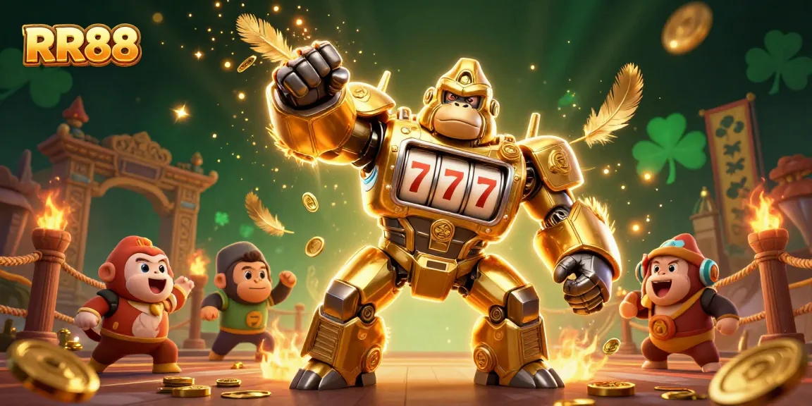 Engage with RR88's thrilling golden gorilla mech in a dynamic online casino scene.