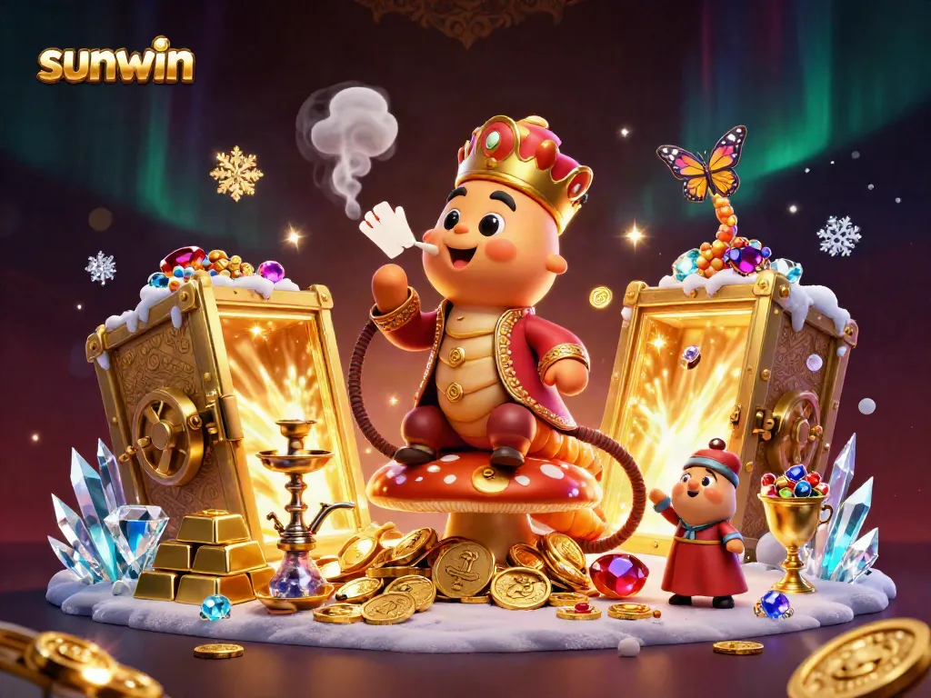 Experience sunwin's vibrant gaming atmosphere, featuring a caterpillar master with poker symbols amidst treasure and gems.