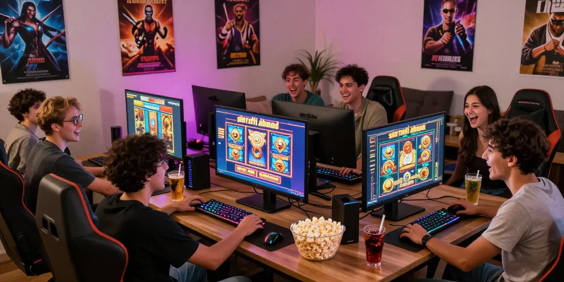 Group of friends enjoying 'slot raffi ahmad' games in a lively gaming hub.